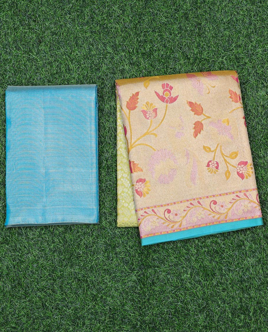 Yellow jacquard pure-silk half saree, contrast blouse, border of floral designs & dhavani of intricate designs