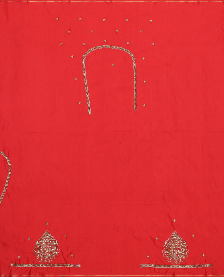 Red intricately aari embroidered raw-silk blouse material