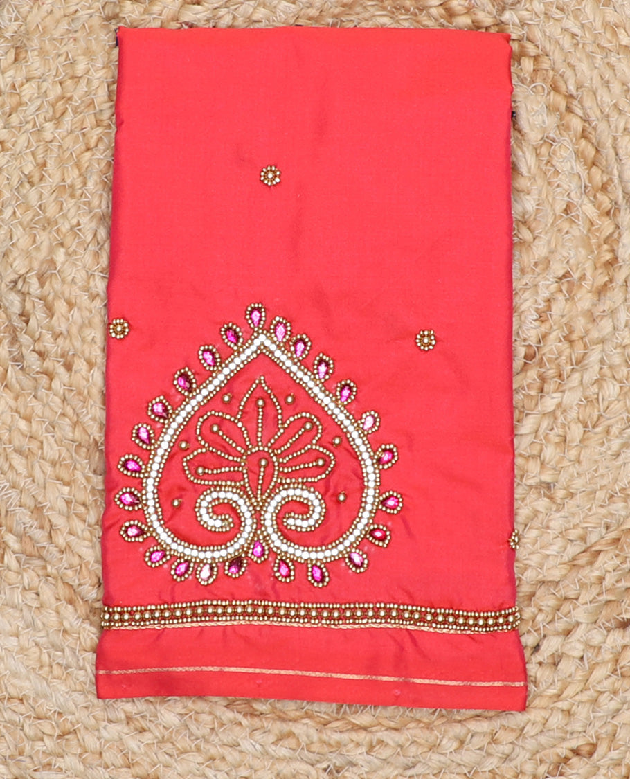 Red intricately aari embroidered raw-silk blouse material