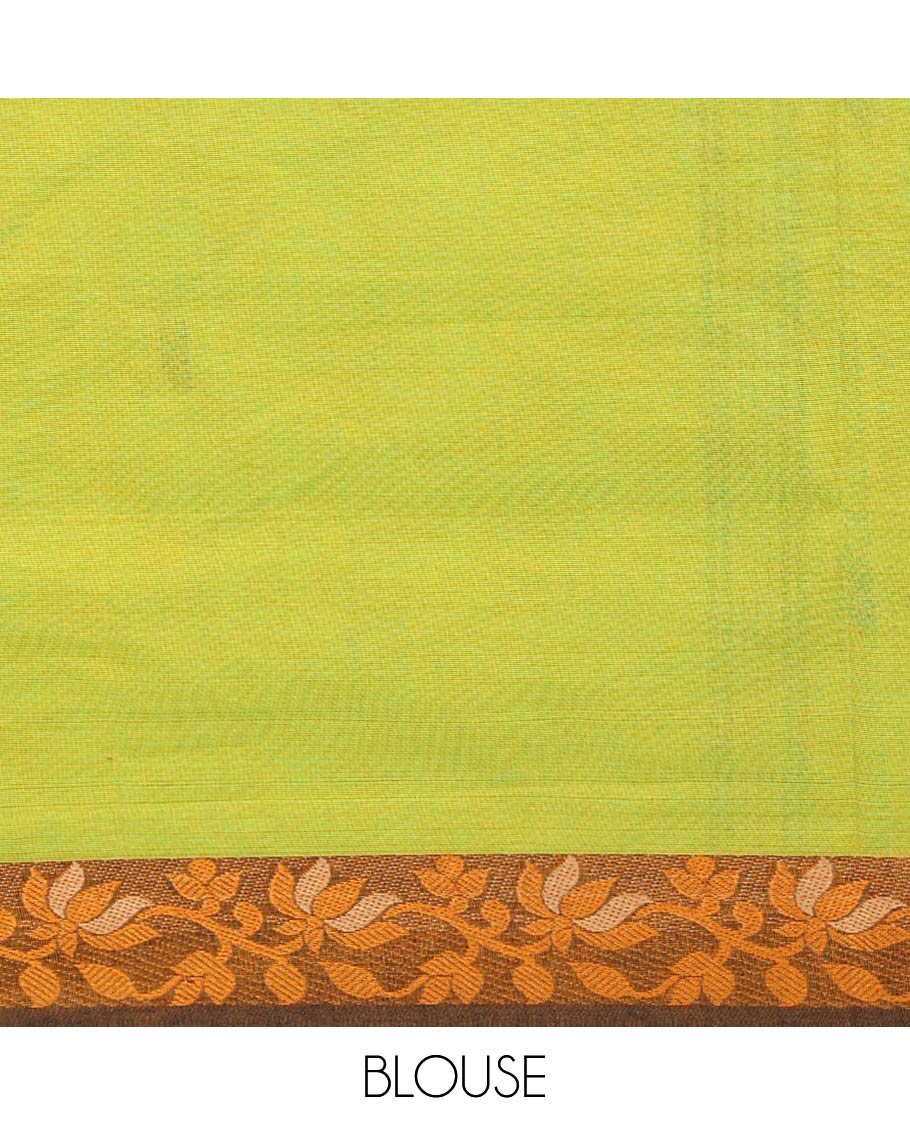 Green chettinad cotton saree with all-over buttas, contrast floral design border & pallu of stripes