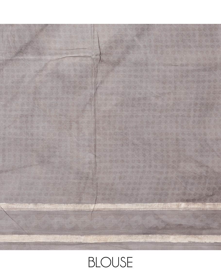 Grey paisley printed mul-mul-cotton saree, contrast border & pallu of floral print