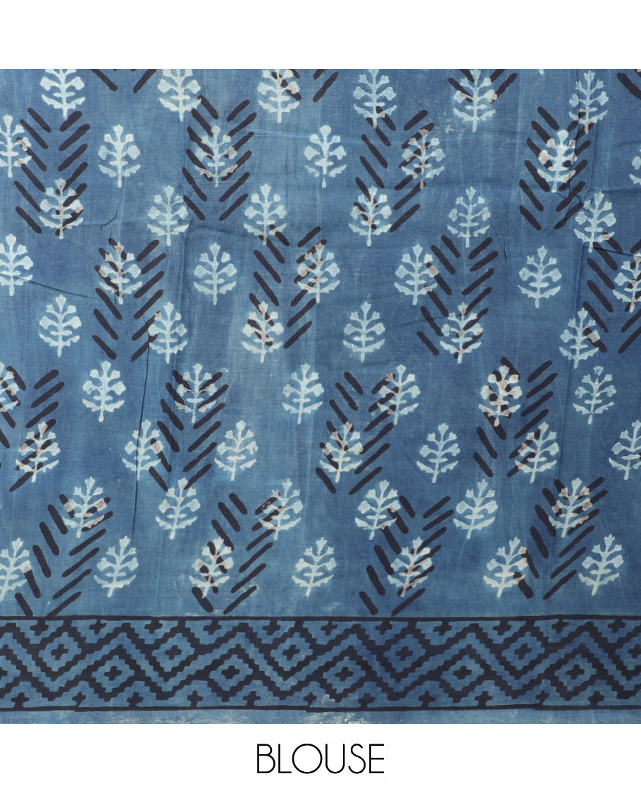 Blue floral printed mul-mul-cotton saree, geometric border & pallu of geometric & paisley print