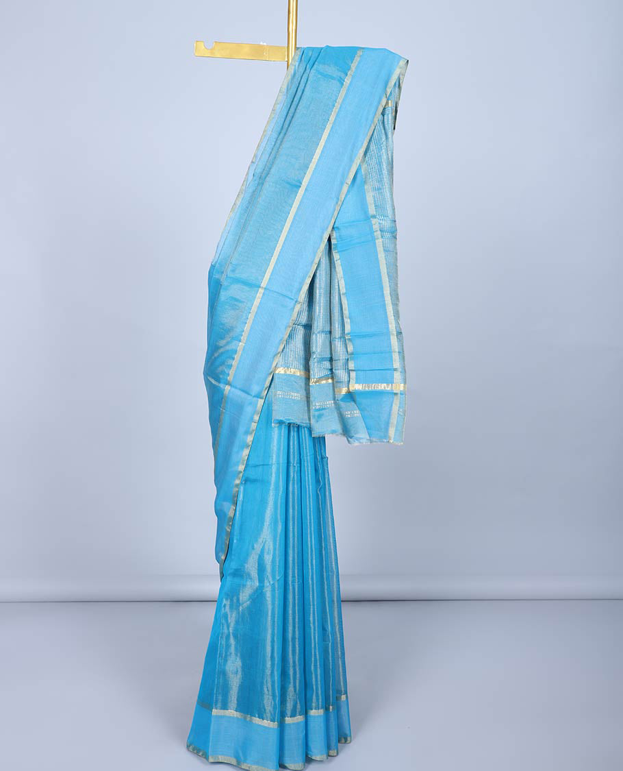 Blue chanderi cotton saree with all-over buttas, zari striped border & pallu of stripes