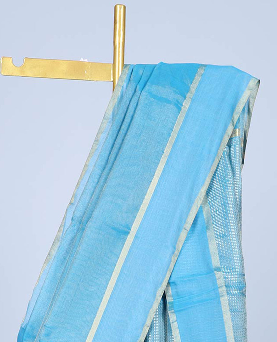Blue chanderi cotton saree with all-over buttas, zari striped border & pallu of stripes