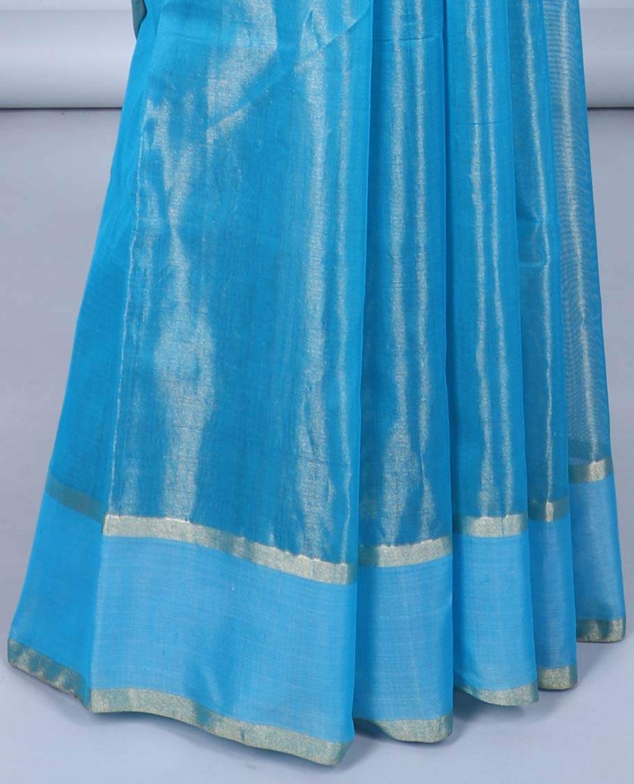 Blue chanderi cotton saree with all-over buttas, zari striped border & pallu of stripes