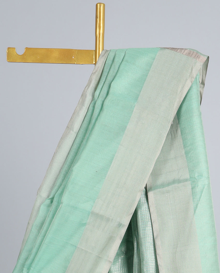Green chanderi cotton saree, plain border & pallu of checked designs