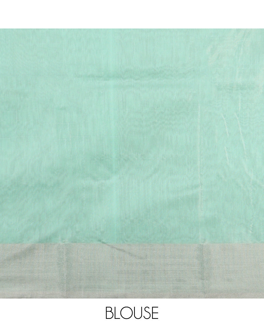 Green chanderi cotton saree, plain border & pallu of checked designs