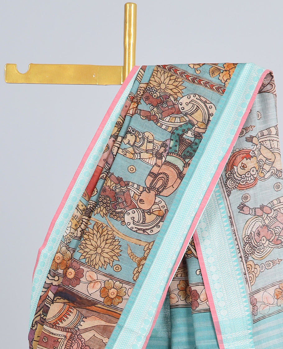 Blue human motifs printed kuppadam cotton saree, traditional design border & pallu of human motifs print