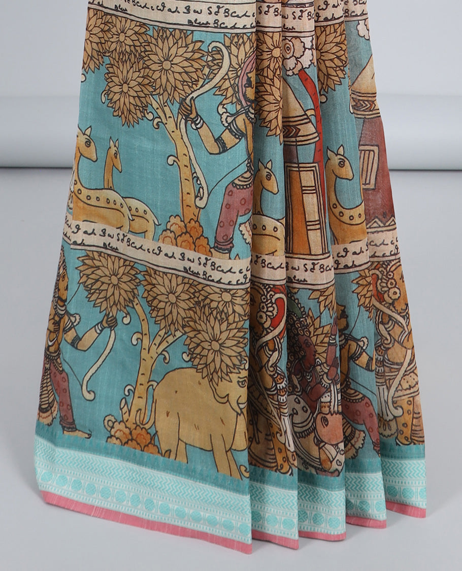 Blue human motifs printed kuppadam cotton saree, traditional design border & pallu of human motifs print