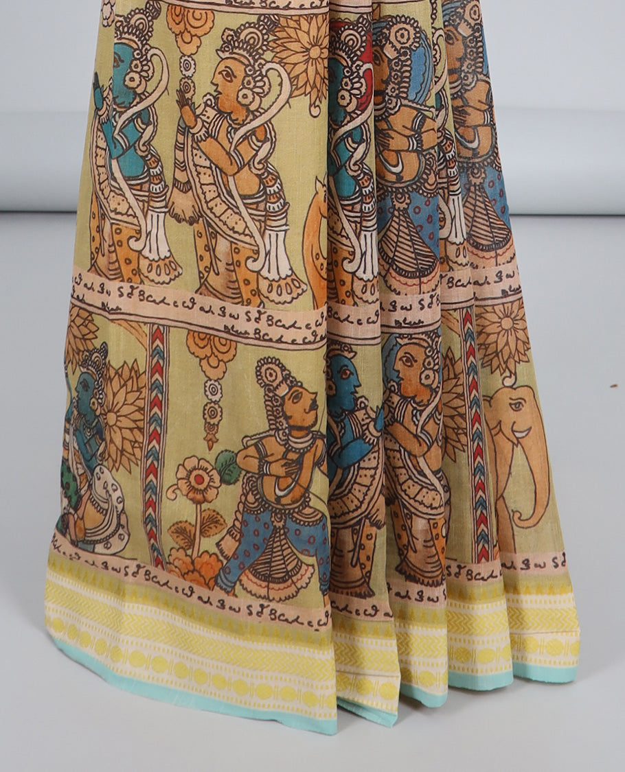 Yellow human motifs printed kuppadam cotton saree, traditional design border & pallu of human motifs print