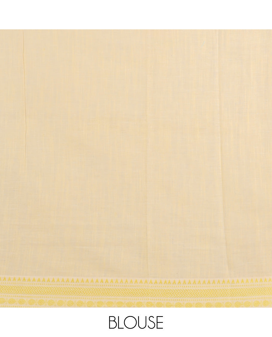 Yellow human motifs printed kuppadam cotton saree, traditional design border & pallu of human motifs print