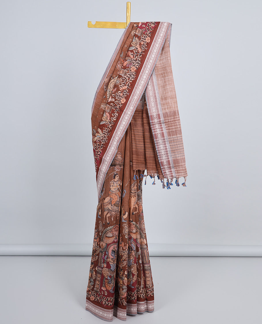 Brown kalamkaristyle peacock & figurine kuppadam cotton saree,contrast floral & diamond patterned border & striped pallu