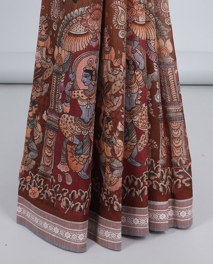 Brown kalamkaristyle peacock & figurine kuppadam cotton saree,contrast floral & diamond patterned border & striped pallu
