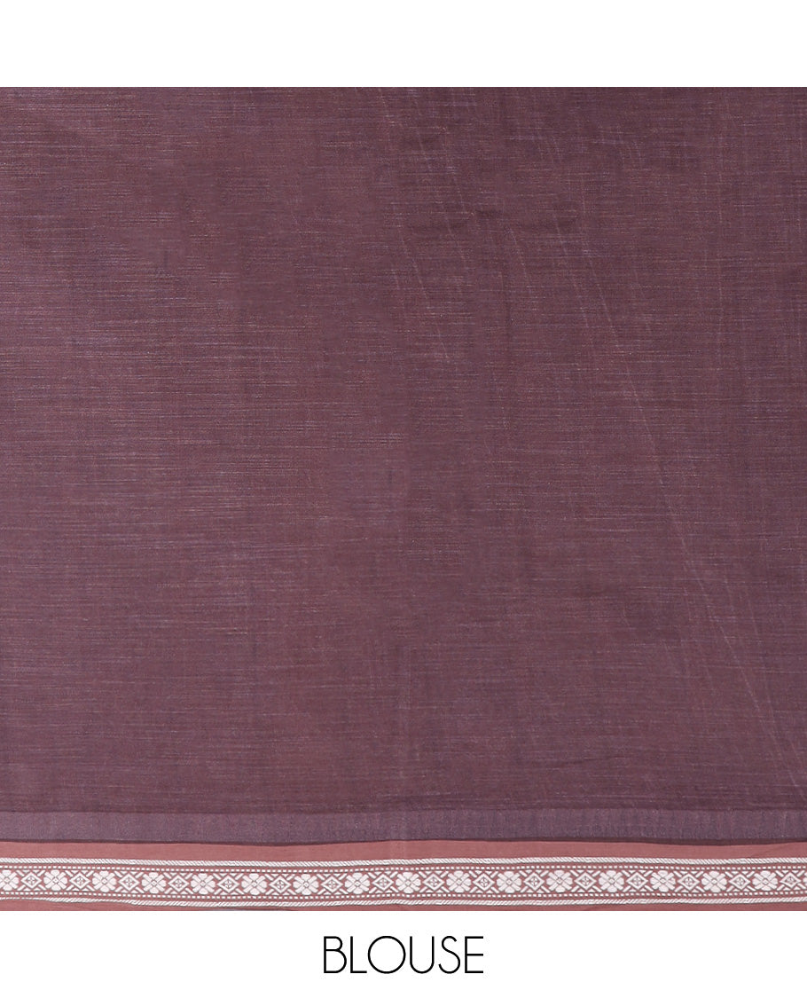Brown kalamkaristyle peacock & figurine kuppadam cotton saree,contrast floral & diamond patterned border & striped pallu
