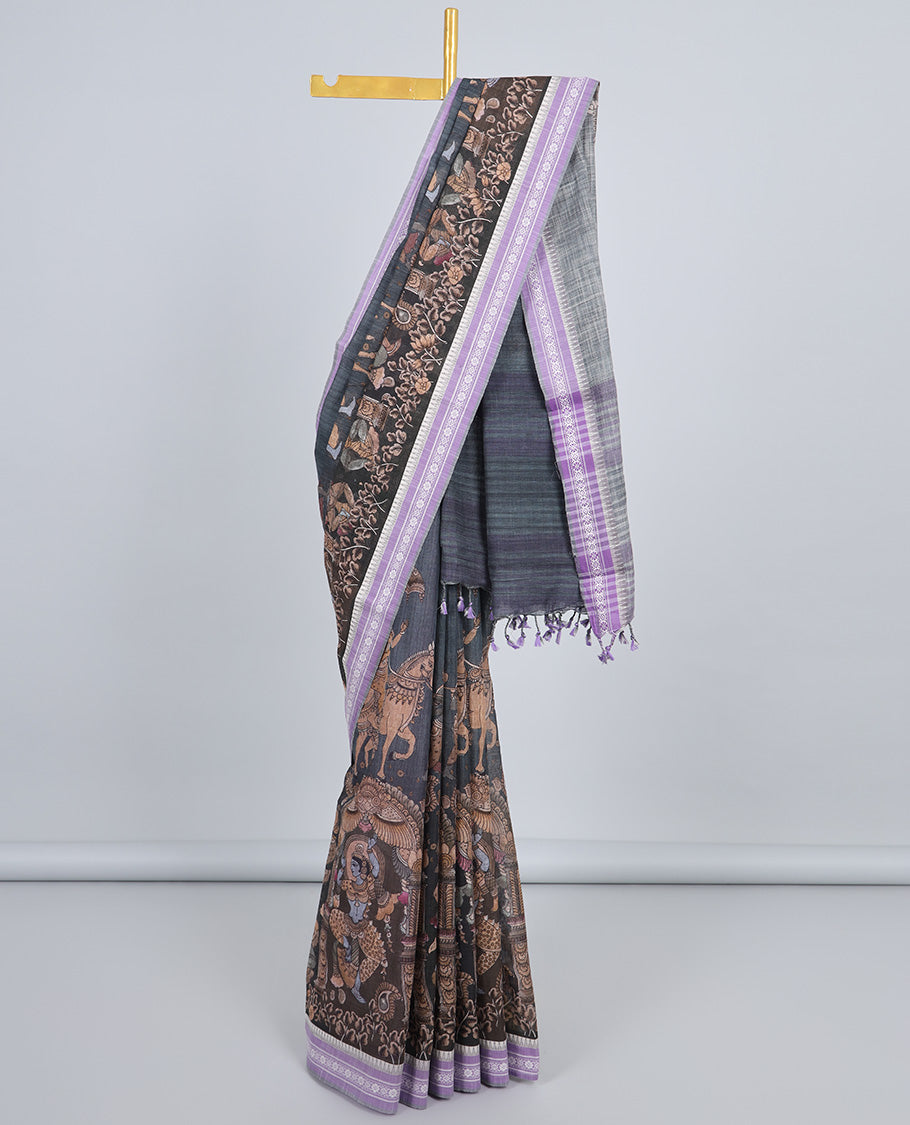 Grey human figurines printed kuppadam cotton saree, contrast traditional design border & pallu of stripes