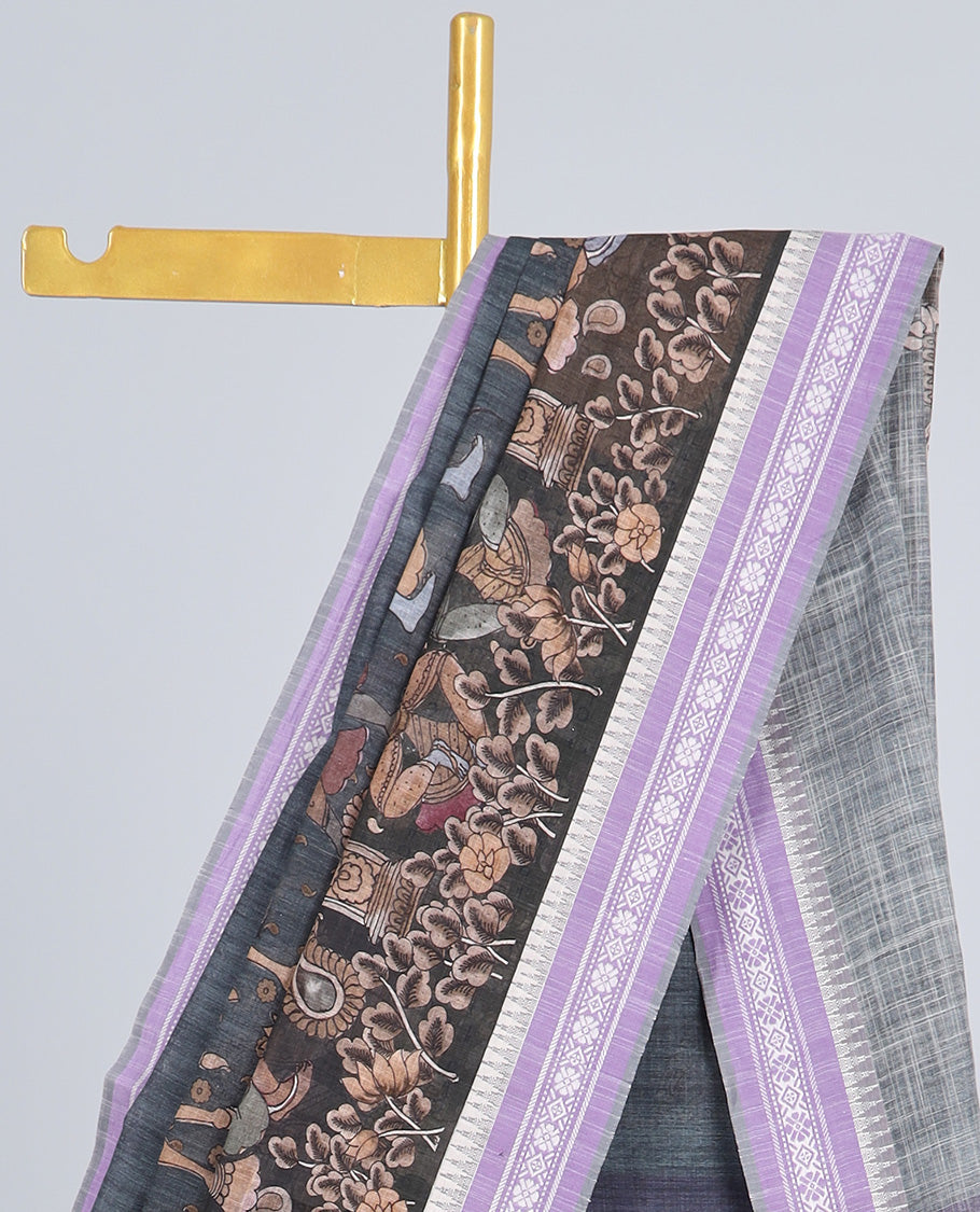 Grey human figurines printed kuppadam cotton saree, contrast traditional design border & pallu of stripes