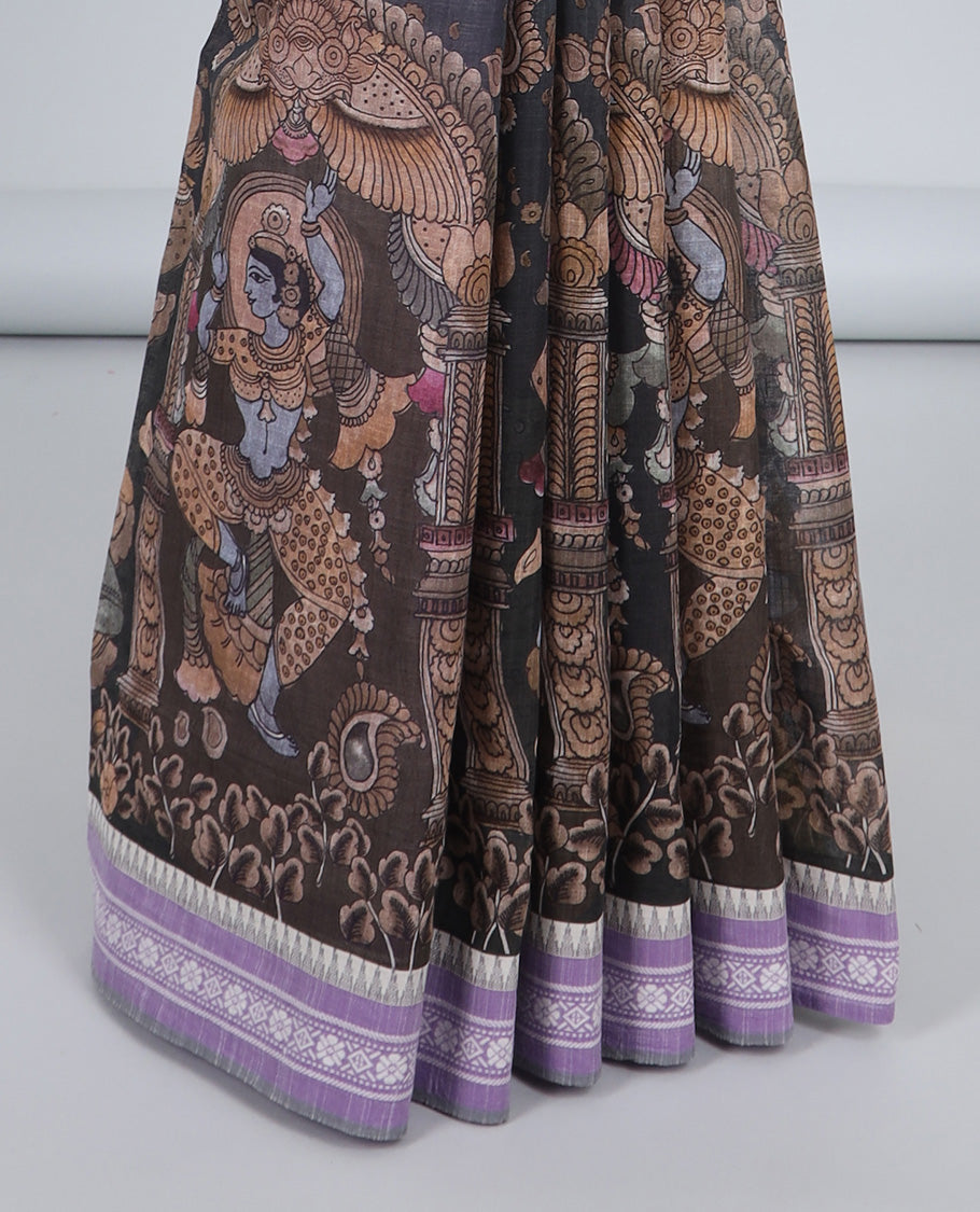 Grey human figurines printed kuppadam cotton saree, contrast traditional design border & pallu of stripes
