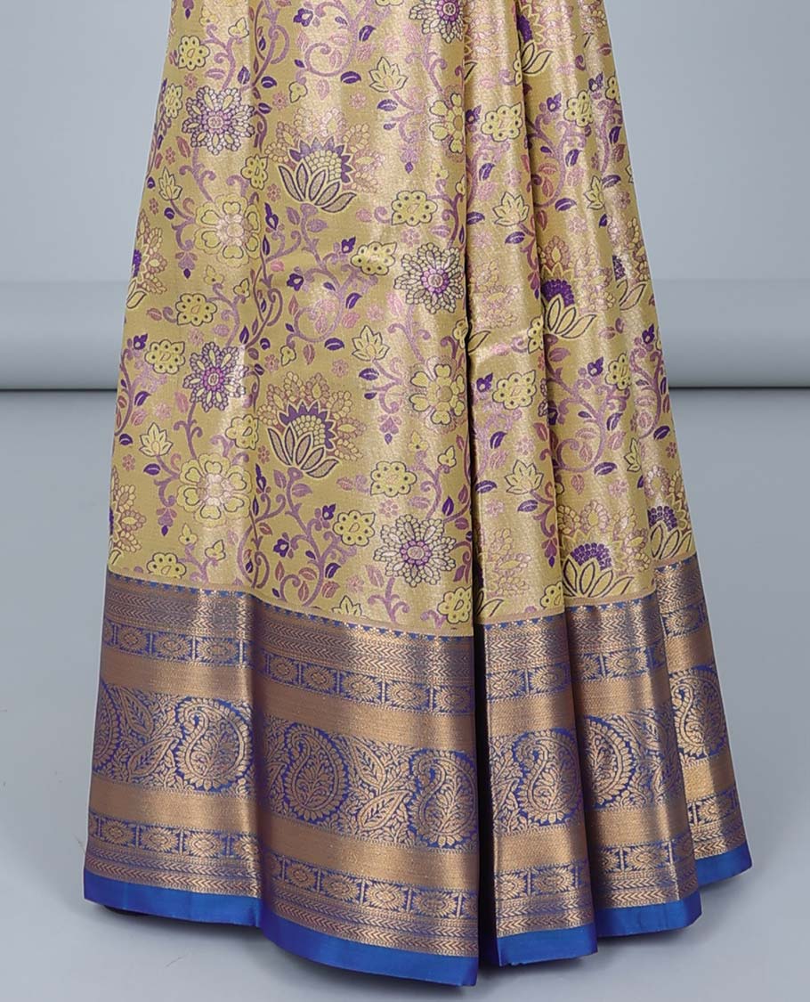 Yellow jacquard budget silk saree, contrast traditional design zari border & pallu of intricate designs