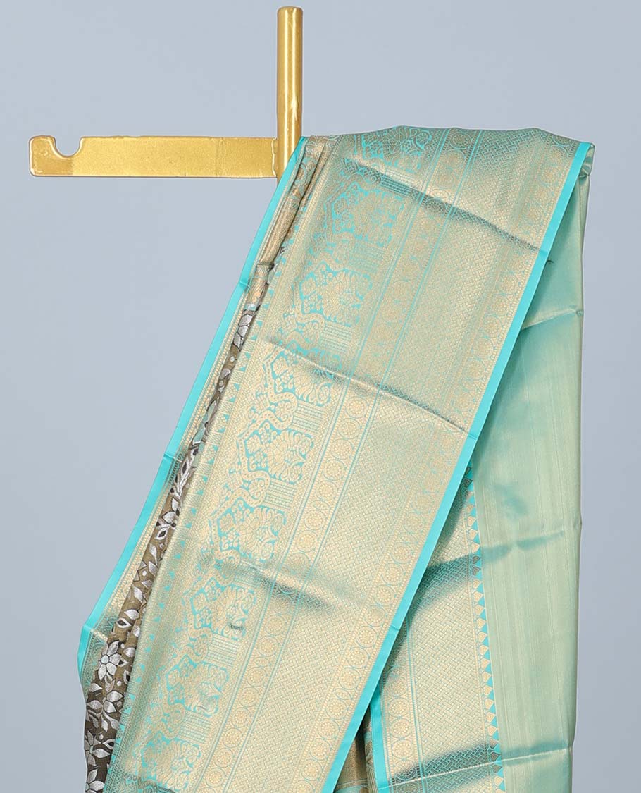 Grey floral jacquard budget silk saree, contrast traditional design zari border & pallu of intricate designs