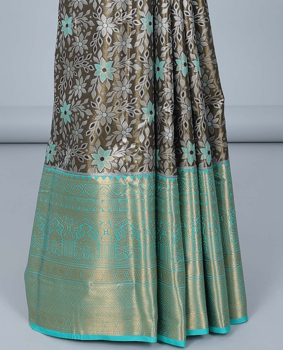 Grey floral jacquard budget silk saree, contrast traditional design zari border & pallu of intricate designs