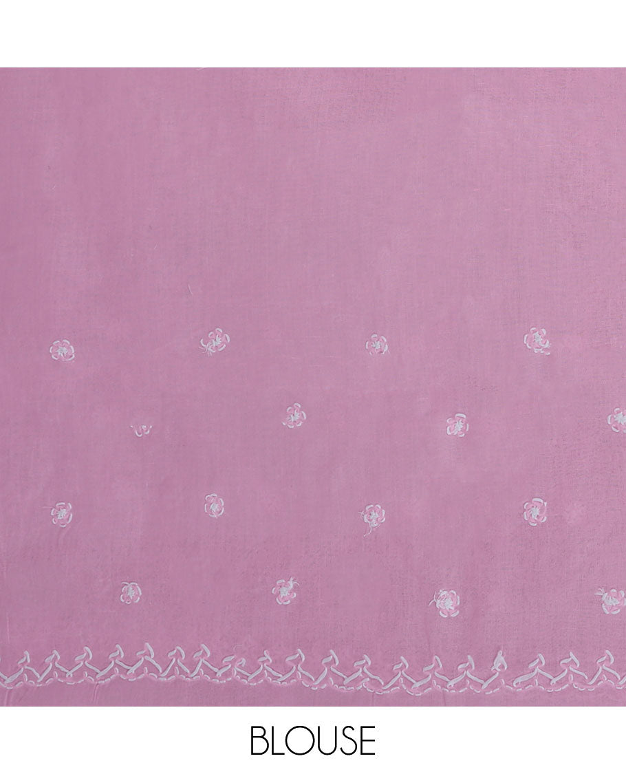 Pink flower embroidery lucknowi chikankari cotton saree ,self-border & pallu of floral & paisley embroidery