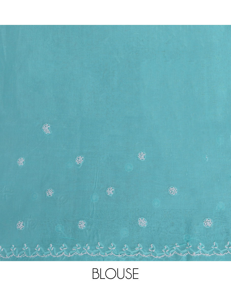 Blue flower embroidery lucknowi chikankari cotton saree,self-border & pallu of floral embroidery