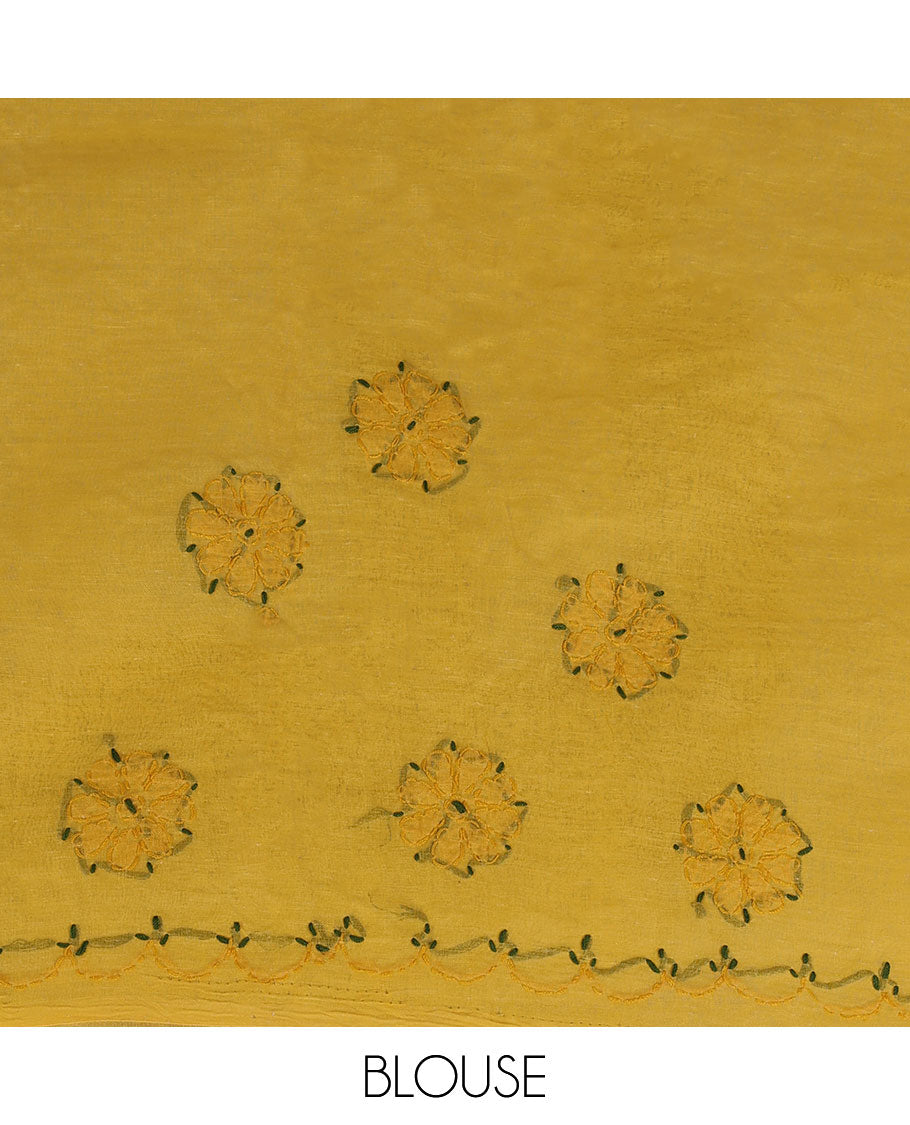 Yellow floral embroidery lucknowi chikankari cotton saree,self-border & floral & paisley embroidered pallu