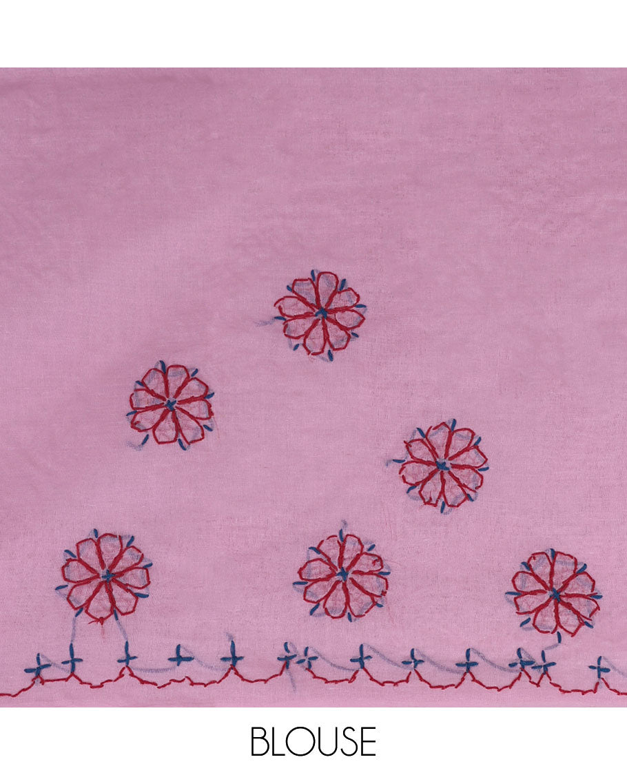 Pink floral embroidery lucknowi chikankari cotton saree,self-border & floral & paisley embroidered pallu