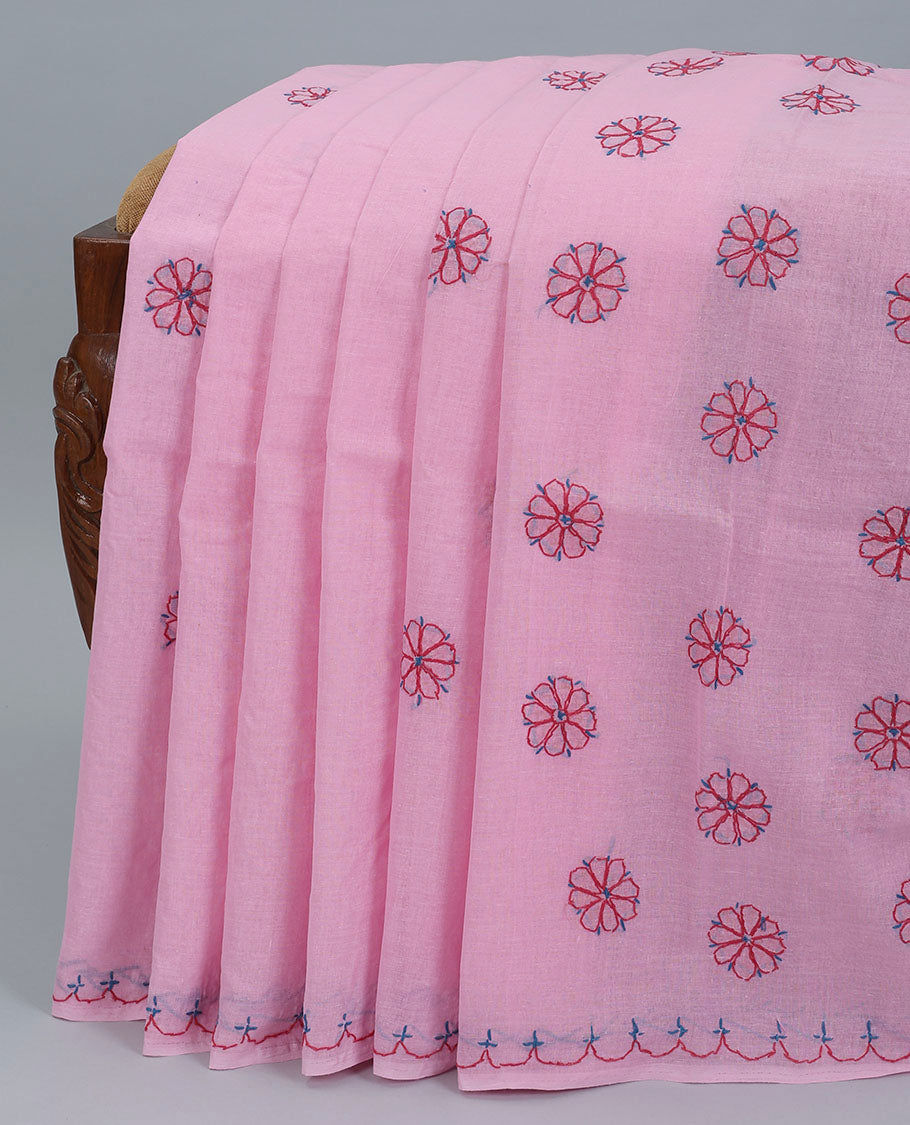 Pink floral embroidery lucknowi chikankari cotton saree,self-border & floral & paisley embroidered pallu