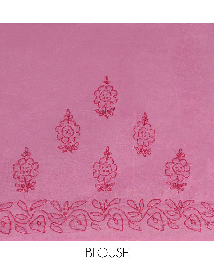 Pink embroidery lucknowi chikankari cotton saree, floral embroidery border & intricately embroidered pallu