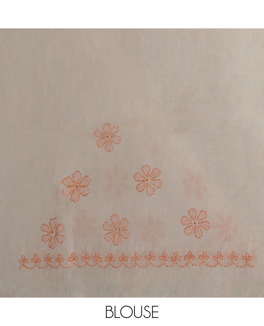 Beige floral embroidery lucknowi chikankari cotton saree,self-border & floral embroidered pallu