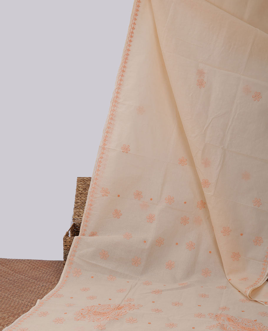 Beige floral embroidery lucknowi chikankari cotton saree,self-border & floral embroidered pallu