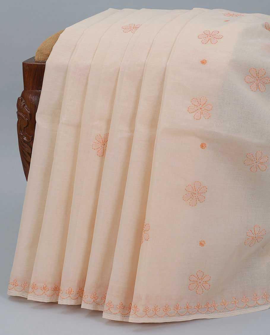 Beige floral embroidery lucknowi chikankari cotton saree,self-border & floral embroidered pallu