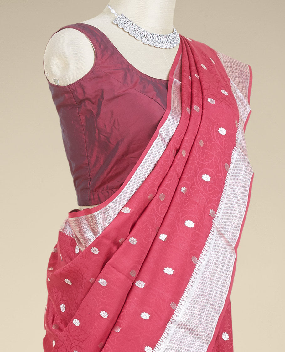 Maroon embossed mysore silk saree with zari buttas, traditional zari design border & pallu of jaal designs
