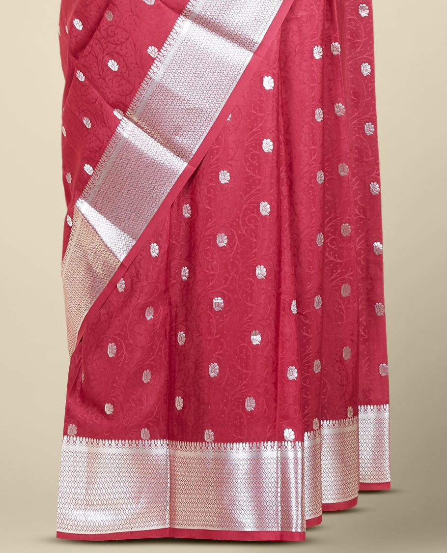 Maroon embossed mysore silk saree with zari buttas, traditional zari design border & pallu of jaal designs