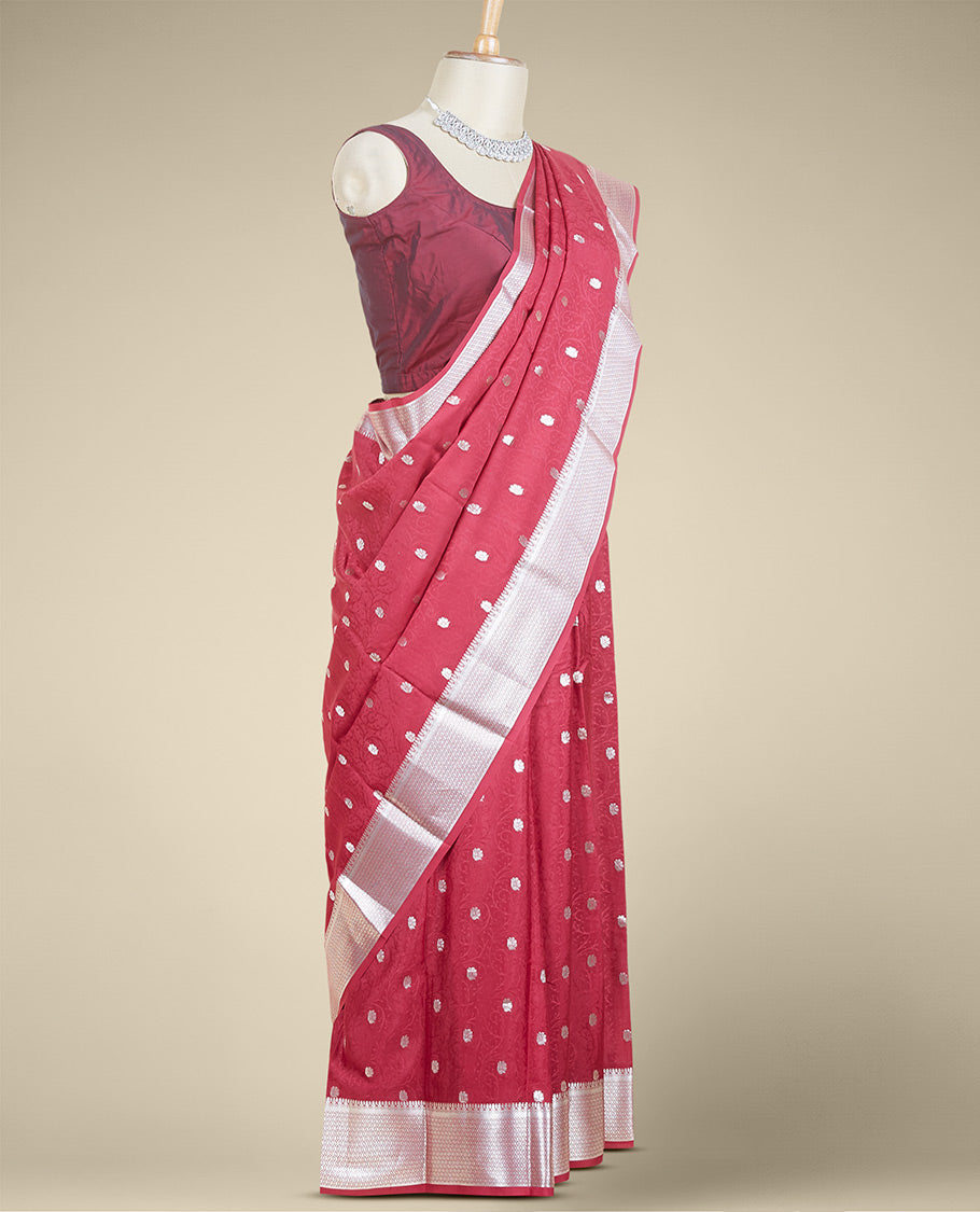 Maroon embossed mysore silk saree with zari buttas, traditional zari design border & pallu of jaal designs