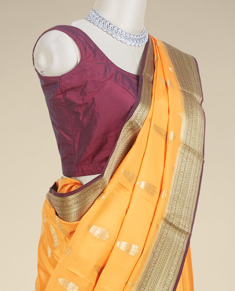 Orange mysore silk saree with zari buttas, contrast traditional zari design border & pallu of jaal designs