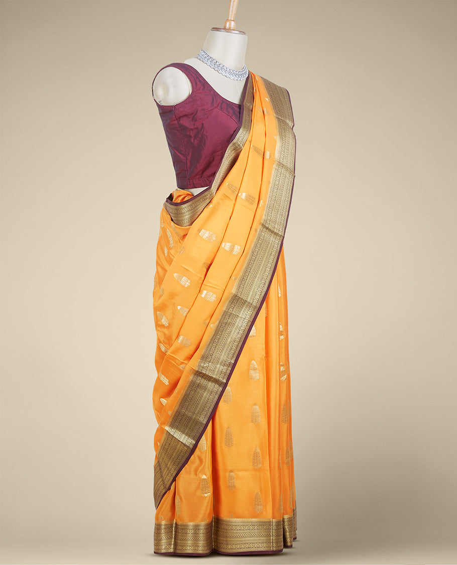 Orange mysore silk saree with zari buttas, contrast traditional zari design border & pallu of jaal designs
