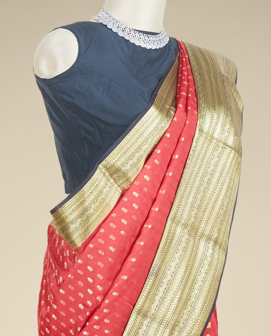 Red mysore silk saree with zari buttas, contrast big traditional zari design border & pallu of jaal designs