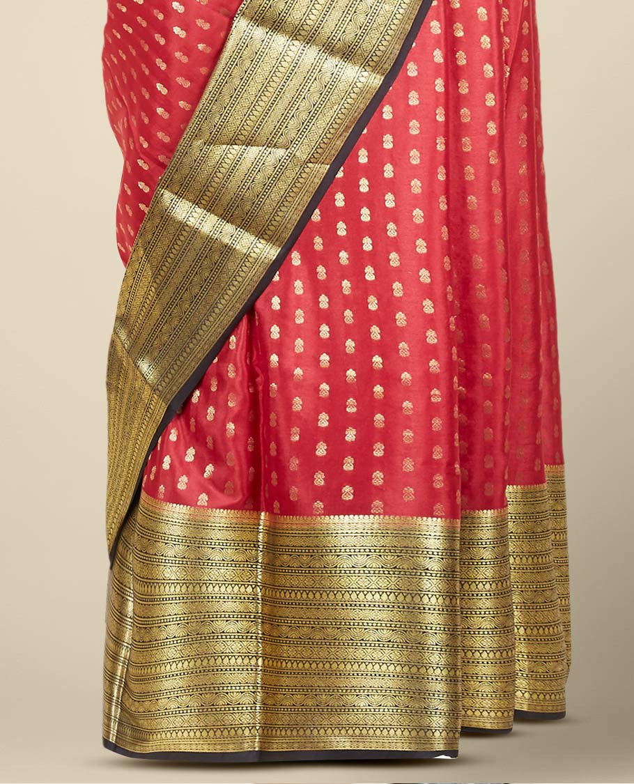 Red mysore silk saree with zari buttas, contrast big traditional zari design border & pallu of jaal designs