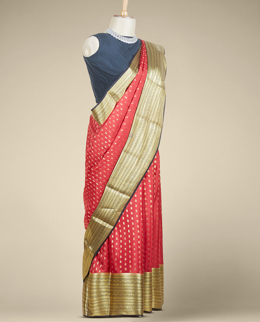 Red mysore silk saree with zari buttas, contrast big traditional zari design border & pallu of jaal designs