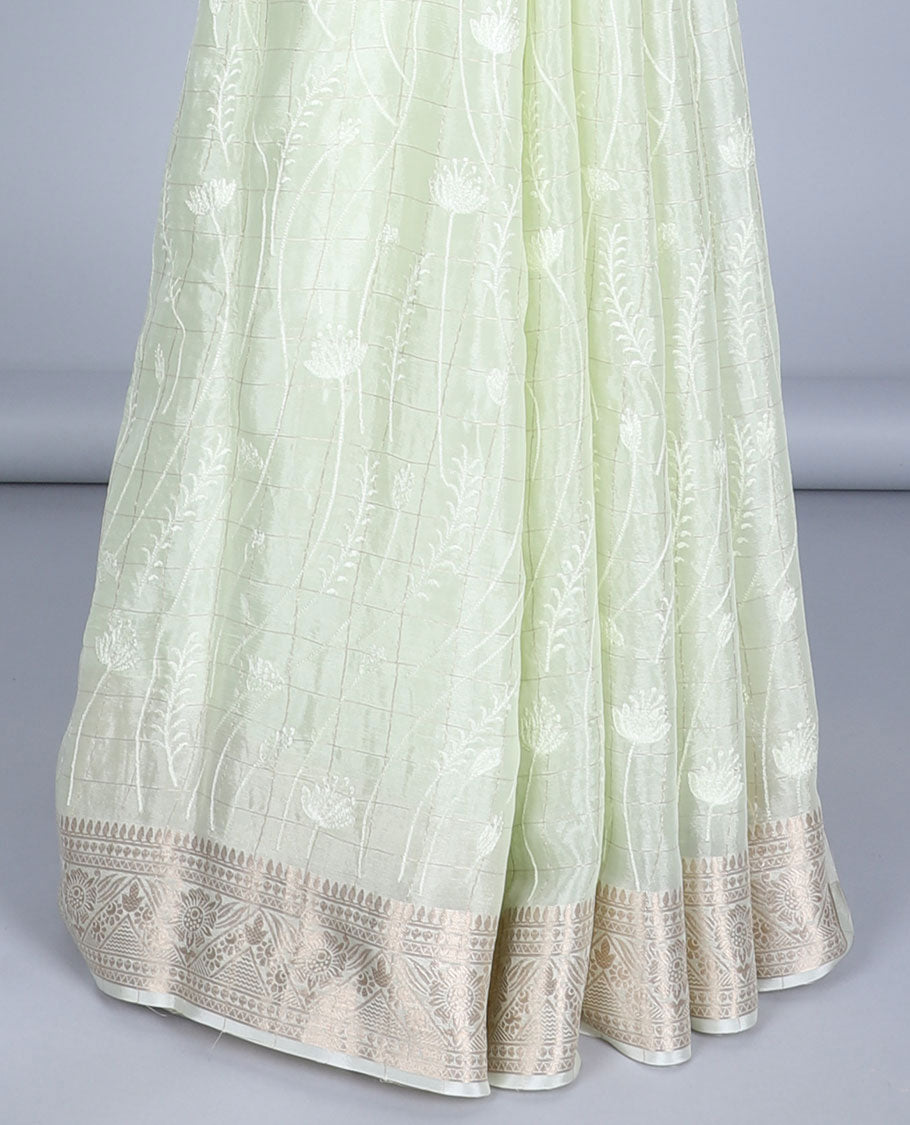 Green checked semi-banaras crepe saree with floral vine, traditional design border & zari striped pallu