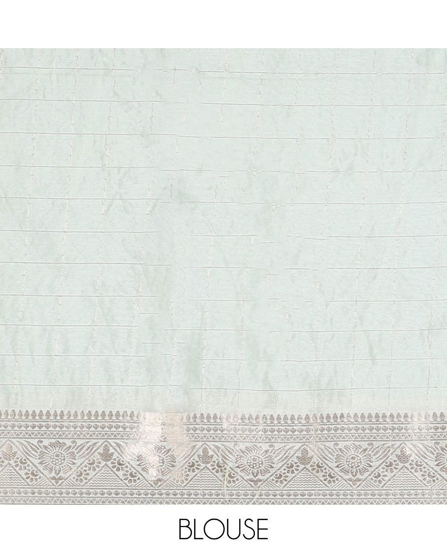 Green checked semi-banaras crepe saree with floral vine, traditional design border & zari striped pallu