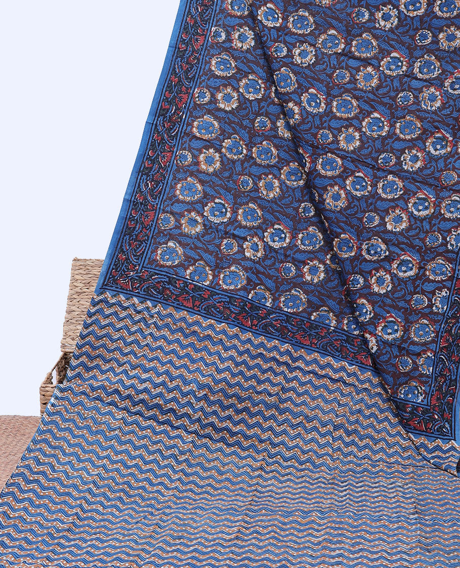 Blue floral vine printed mul-mul cotton saree, floral border & pallu stepped with chevron stripes