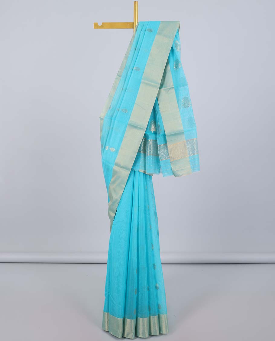 Blue chanderi cotton saree with buttas, plain border & pallu of zari designs