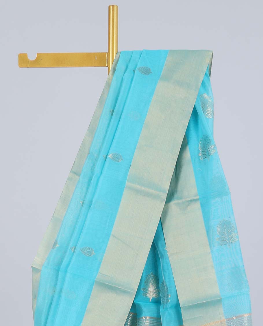Blue chanderi cotton saree with buttas, plain border & pallu of zari designs