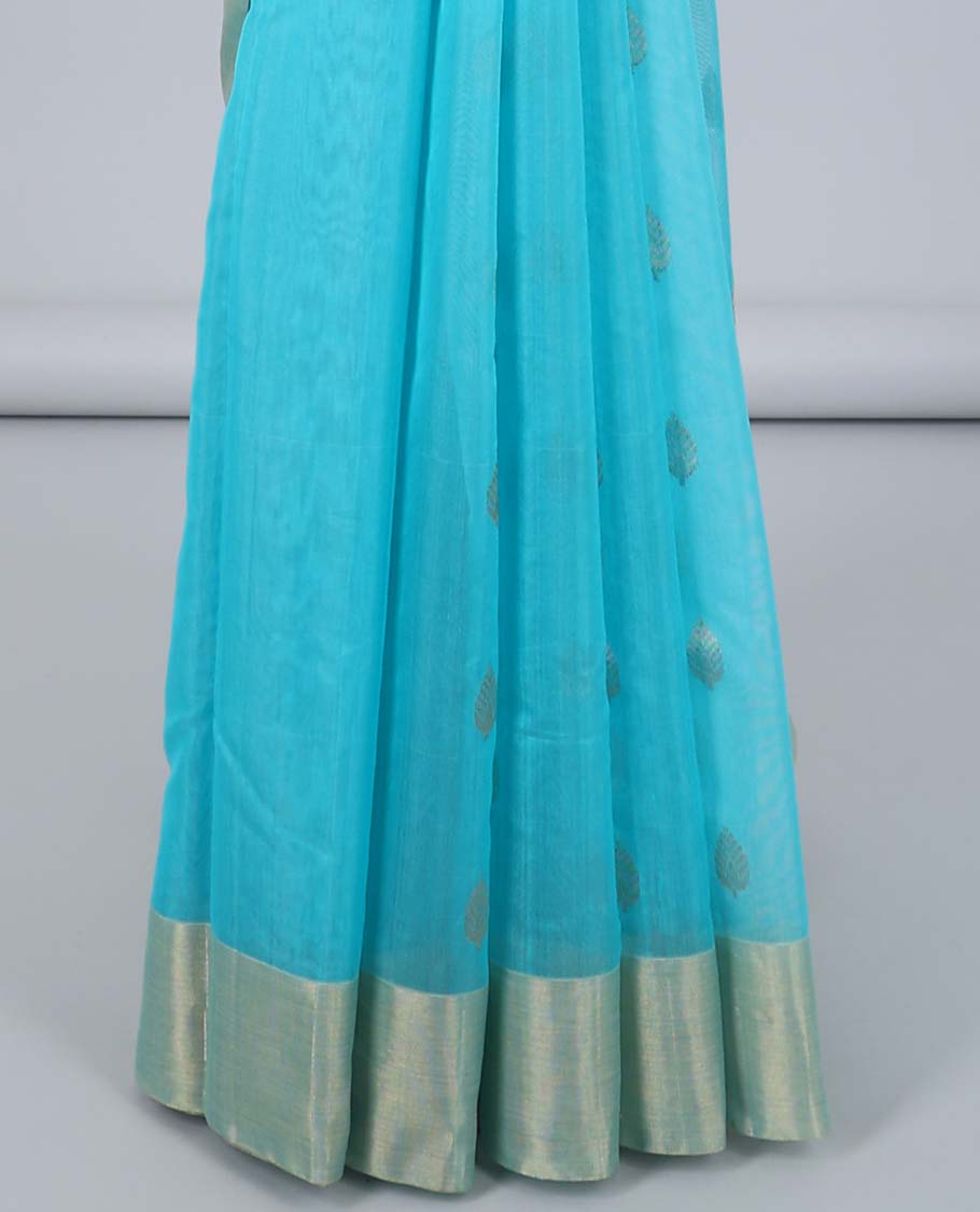 Blue chanderi cotton saree with buttas, plain border & pallu of zari designs
