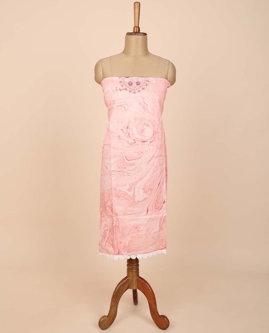 Pink material chudidhar set, abstract print & embroidery top, plain bottom & embroidered dupatta