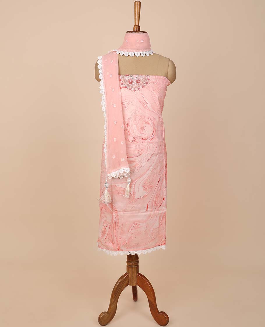 Pink material chudidhar set, abstract print & embroidery top, plain bottom & embroidered dupatta
