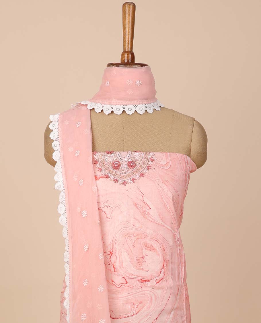Pink material chudidhar set, abstract print & embroidery top, plain bottom & embroidered dupatta